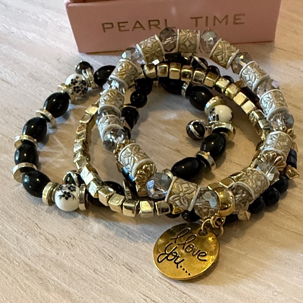 Gold and Black Charm Bracelet Set